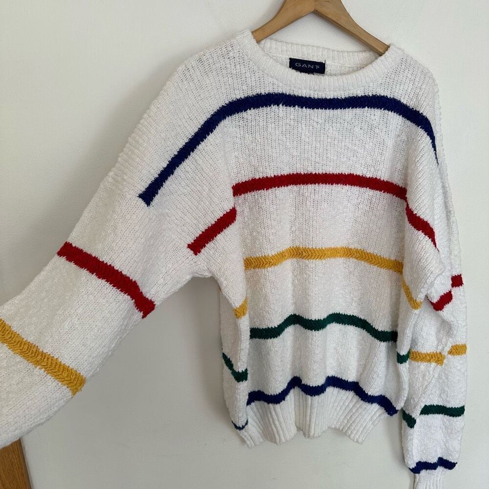 Gant Vintage Men’s Textured Oversized Cotton Primary Rainbow Stripe Grandpa Swea - Picture 9 of 11